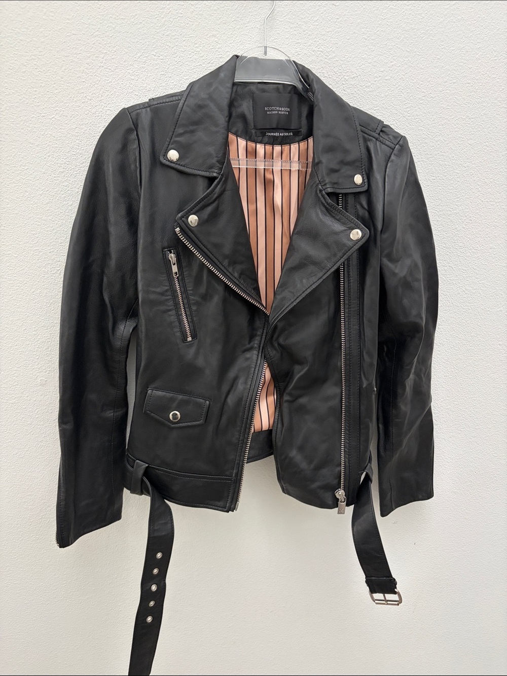 Scotch & Soda Black Sheep Leather Biker Jacket with Pink Striped Lining Small